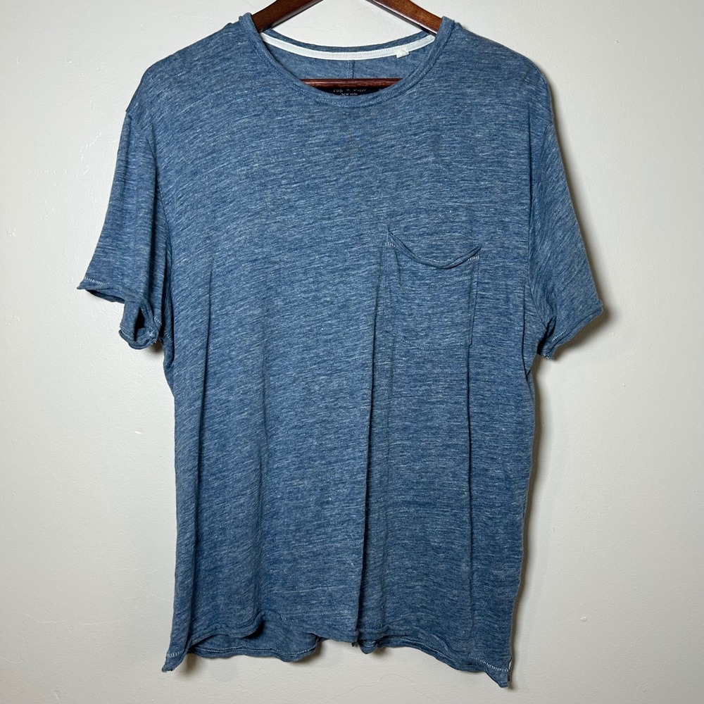 EUC rag & bone T-Shirt The Classic Pocket Tee Size L Blue 100% Linen Back Seam